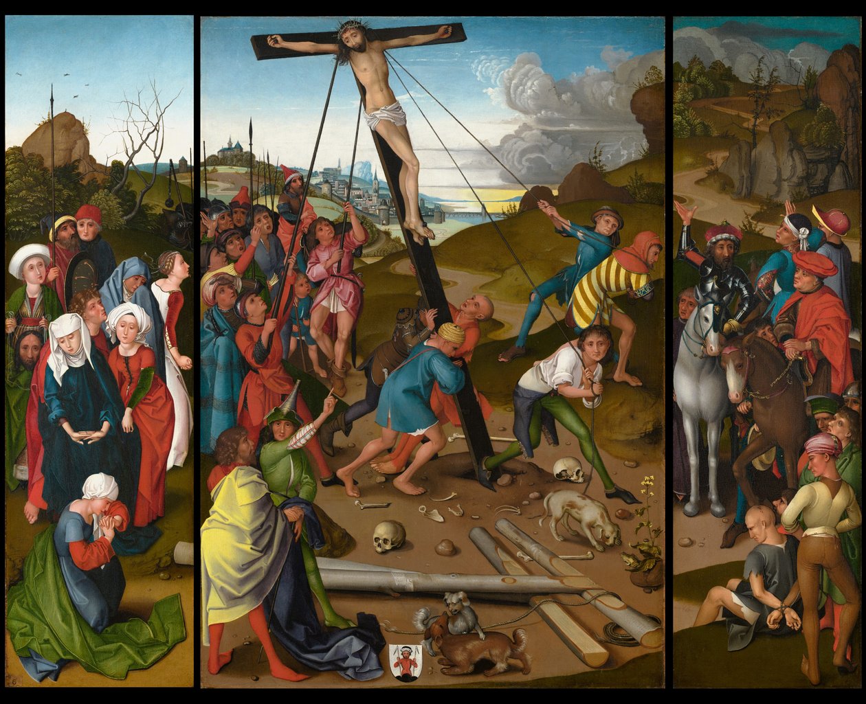 The Raising of the Cross [center, venstre og højre panel], c. 14801490. af Master of the Starck Triptych