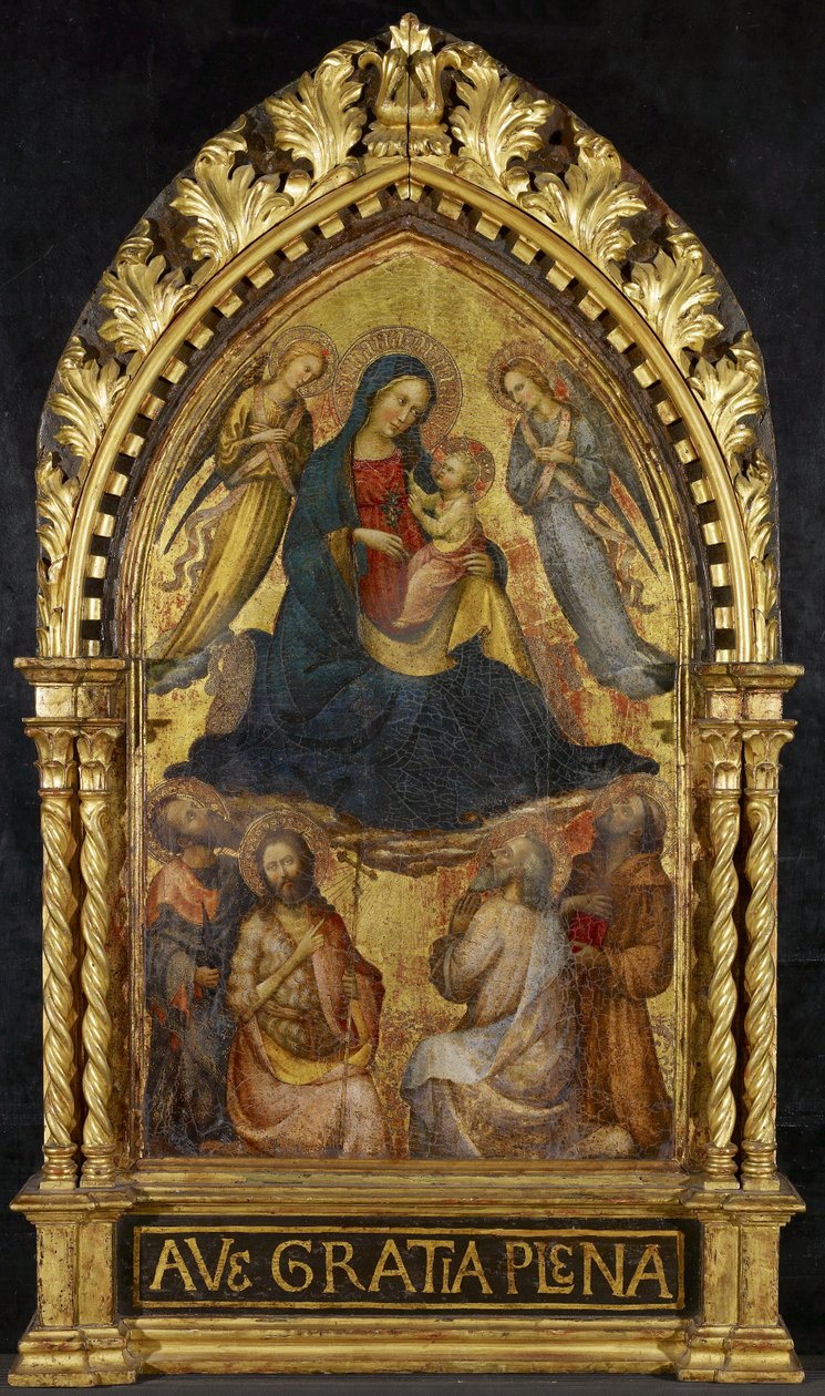 Jomfru og barn med engle og fire hellige, ca. 1400-15 (tempera og bladguld på panel) af Master of the Straus Madonna