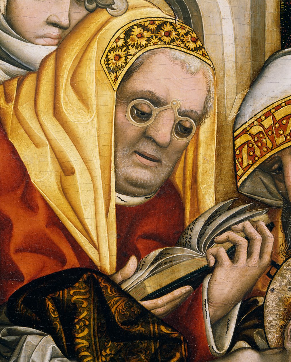 Præst iført briller, detalje fra Omskæring af Kristus af Master of the Tucher Altarpiece
