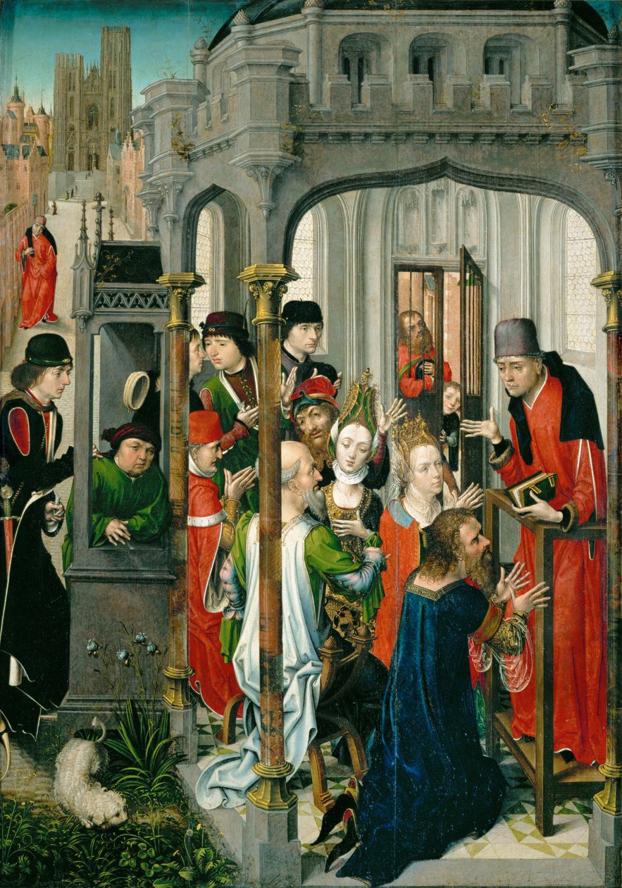 Den hellige Gerys prædiken, "den pastorale prædiken", med den hellige Gudules kirke i baggrunden ... af Master of the View of Saint Gudula