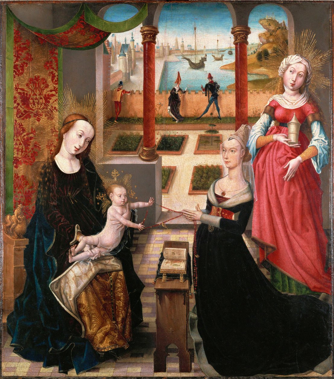 "Jomfru med barn og donor, barnet leger med en snor eller juveler; Sankt Barbara bag donor; landskab i baggrunden (olie på træ) af Master of the View of St. Gudule
