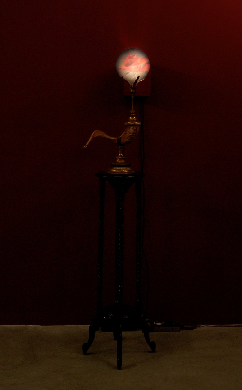 Horn Blower, 2002 (Glas, vand, messing, vædderhorn, træ, videoprojektor og afspiller) af Mat Collishaw