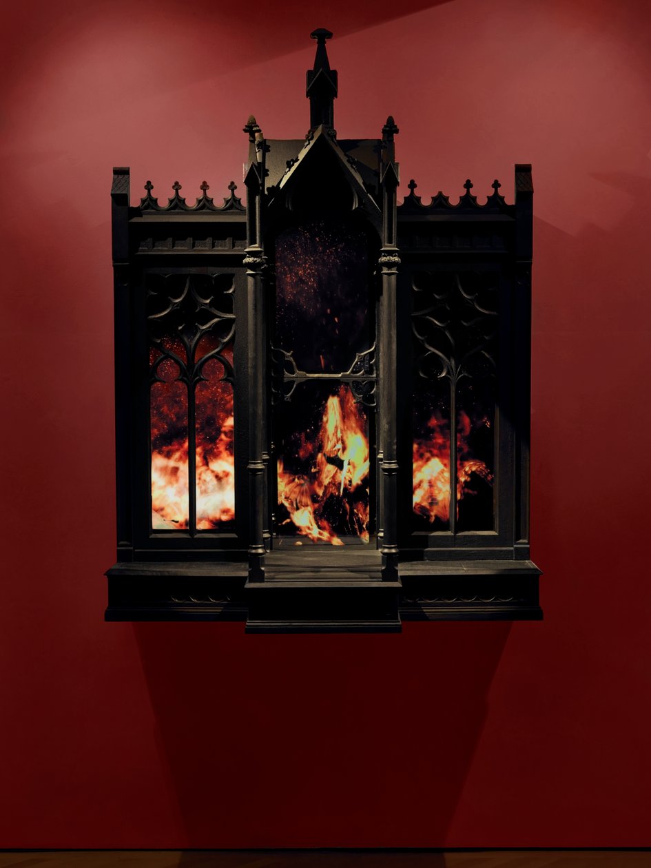 Performance, 2010 (Træ, stål, overvågningsspejl, LCD-skærme og harddisk) af Mat Collishaw