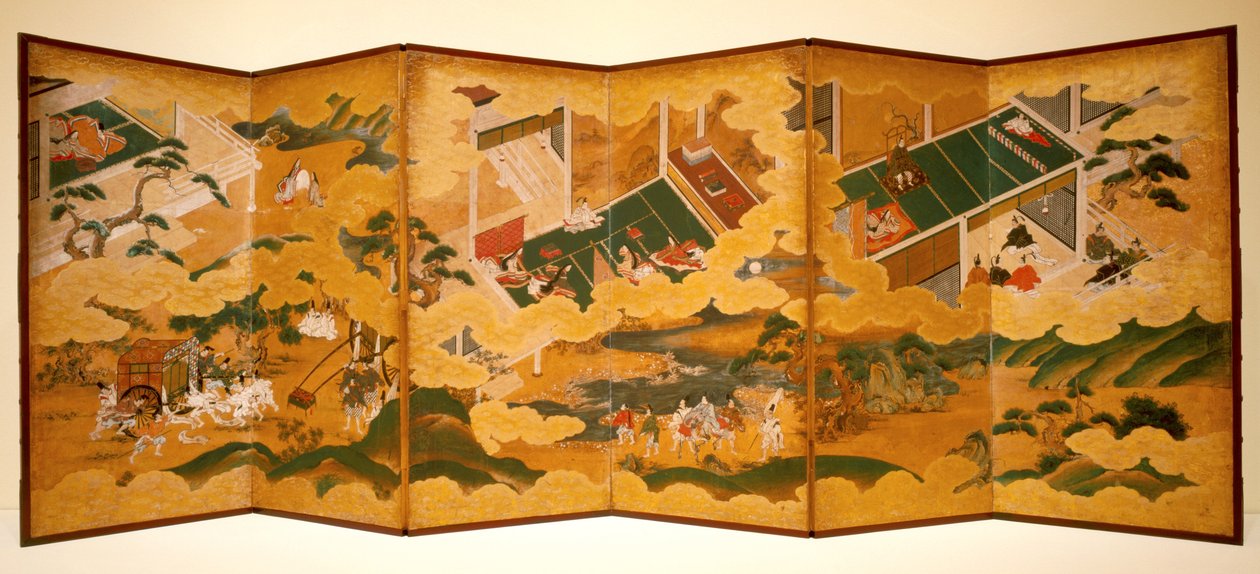 Tales Of Genji, ca. 1650 (blæk, farve og bladguld på papir, seksdobbelt skærm) af Matabei Iwasa