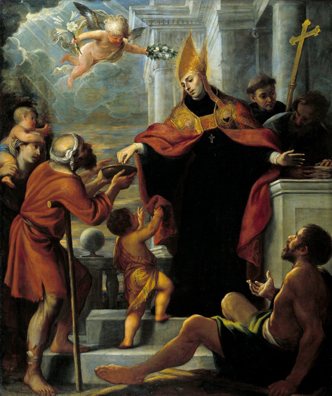 Saint Thomas de Villeneuve distributing Amones to beggars Painting by Mateo Cerezodani af Mateo Cerezo