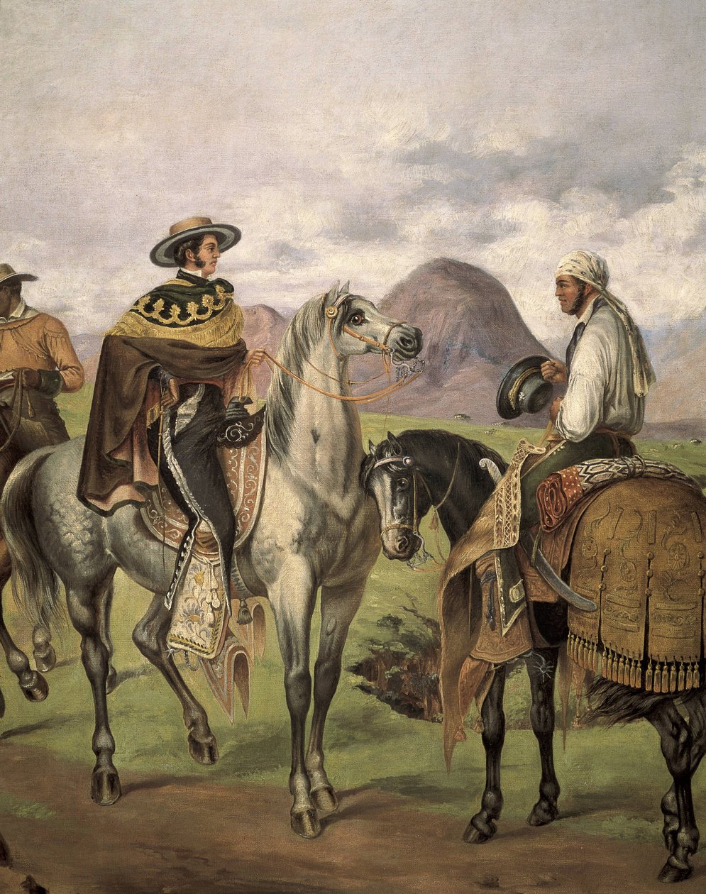 Charros"" (mexicanske ryttere) klædt i fancy tøj. Værk af Mateo Saldana (1875-1951), 20. århundrede. Kostumbrisme. Olie på lærred af Mateo Saldana