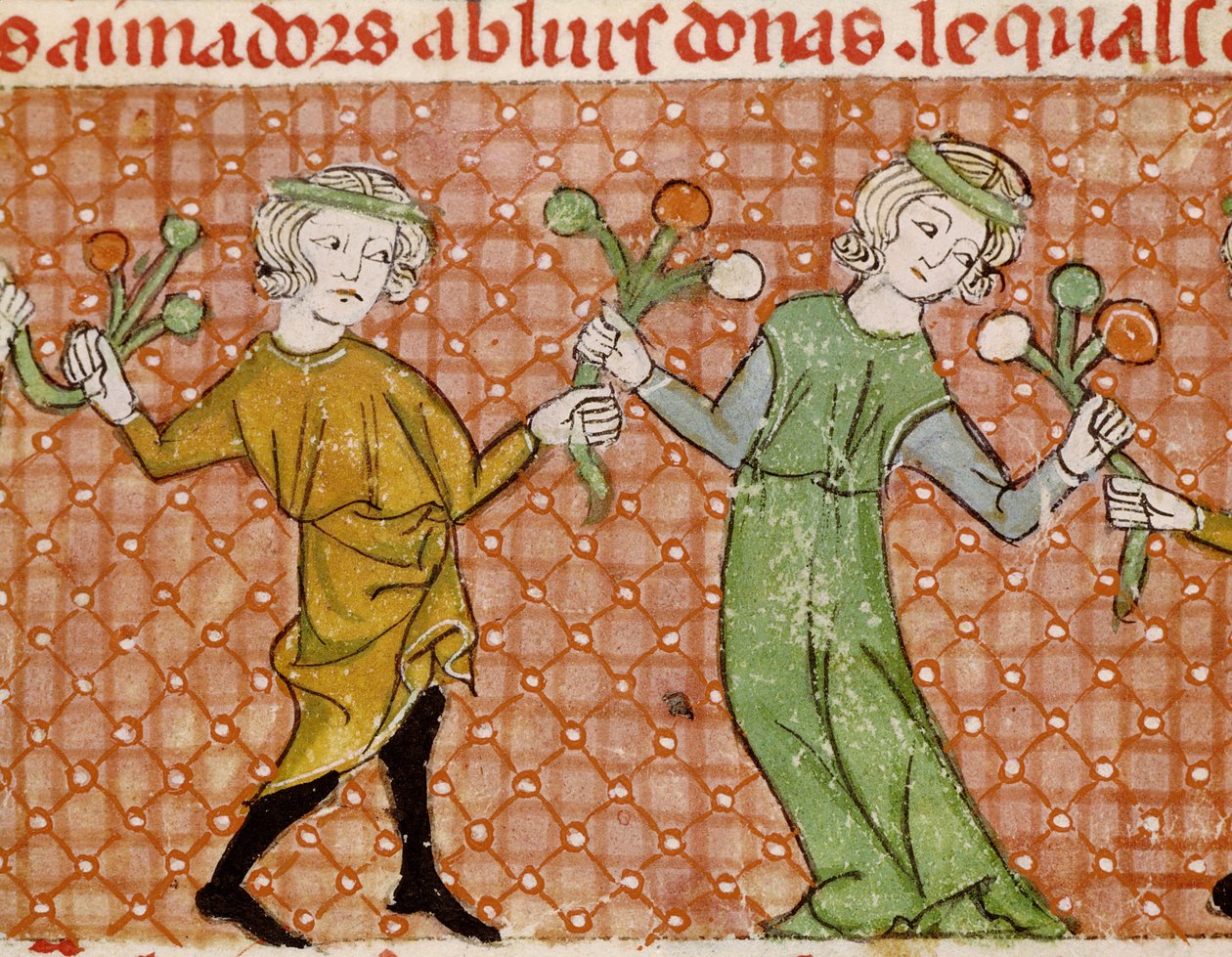 Fol.215v Fristelsen: Et dansende par af Matfre Ermengaut