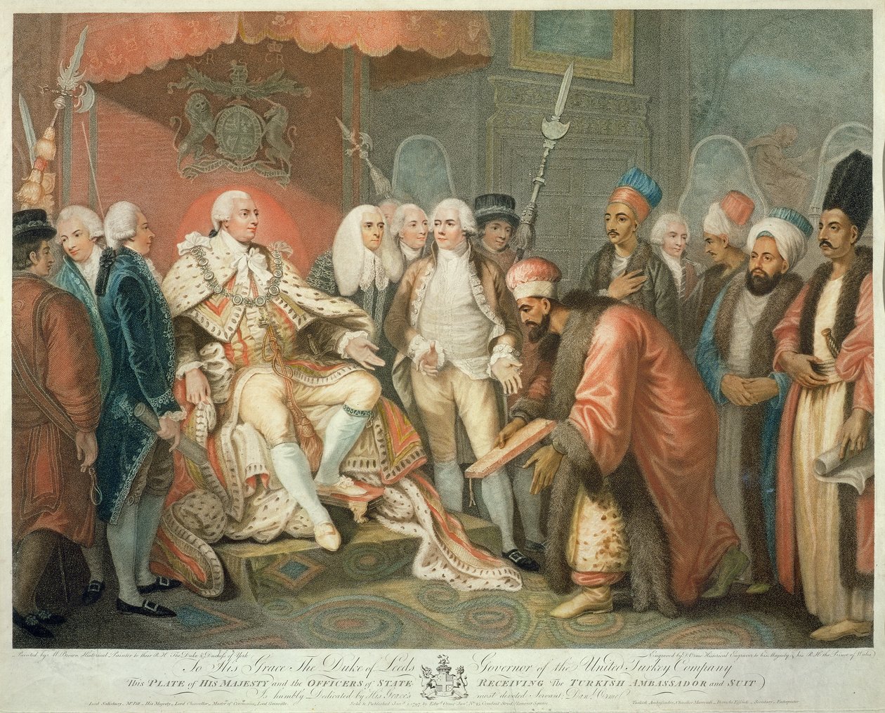 Hans Majestæt og statsembedsmænd modtager den tyrkiske ambassadør og jakkesæt, graveret af Daniel Orme (1767-p.1832), udgivet af Edward Orme, 1797 (stiplet stik) af Mather Brown