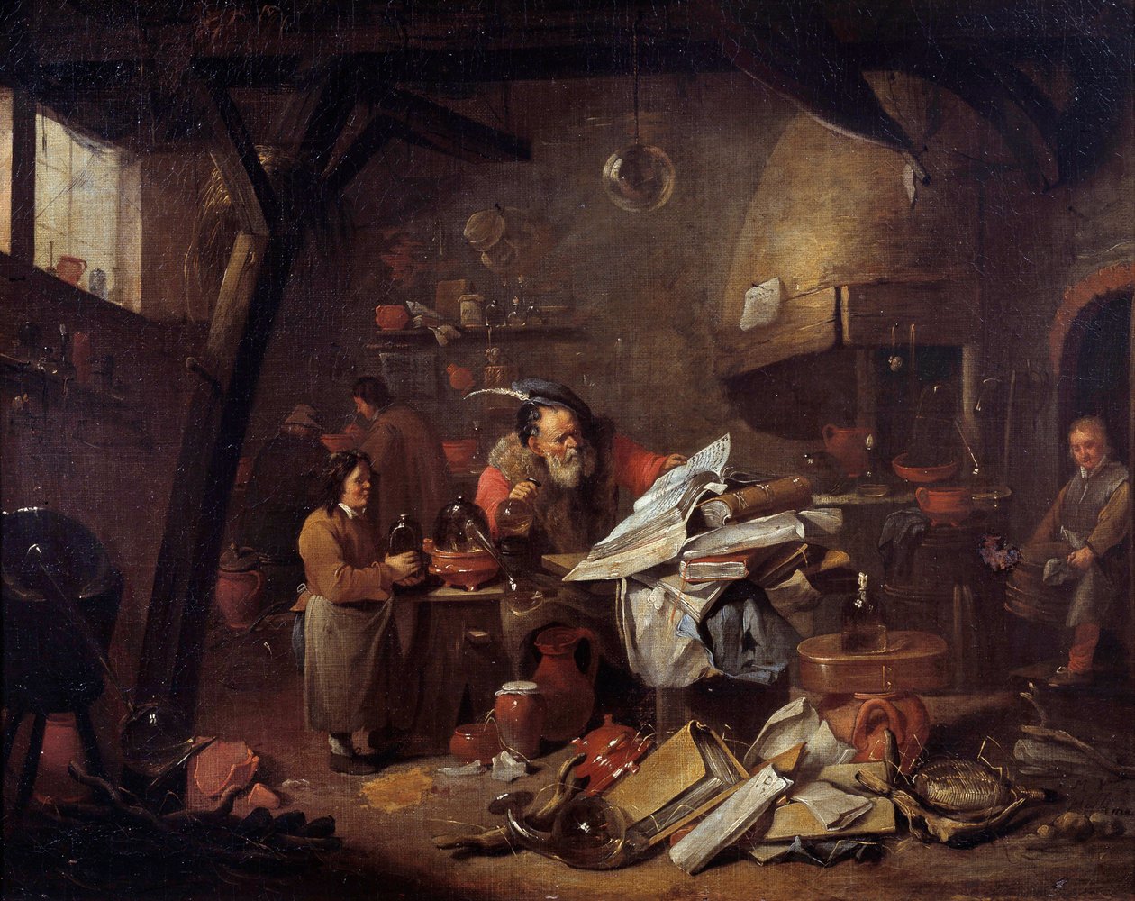 Interiør af et laboratorium af alkymist maleri af Matheus van Helmont (1623-1679) Montpellier museum Fabre fra det 17. århundrede af Matheus van Helmont
