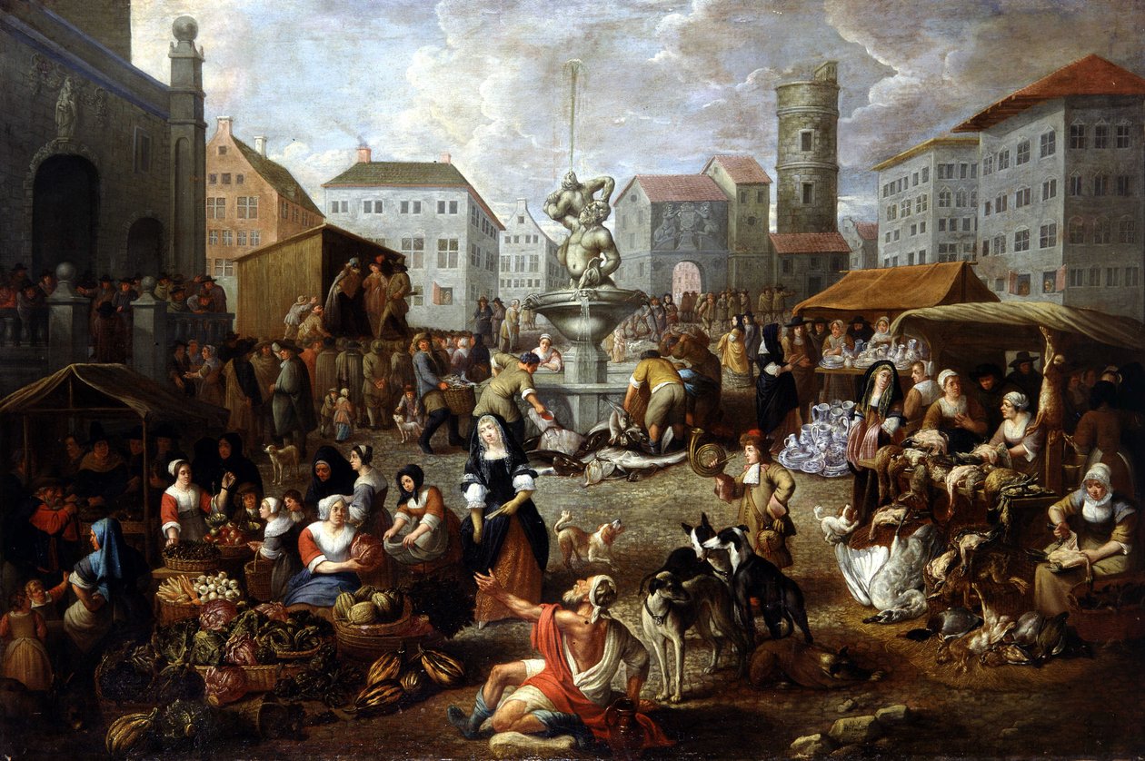 Vandringsscene - maleri fra det 18. århundrede, Musee de Tesse (Le Mans) af Matheus van Helmont