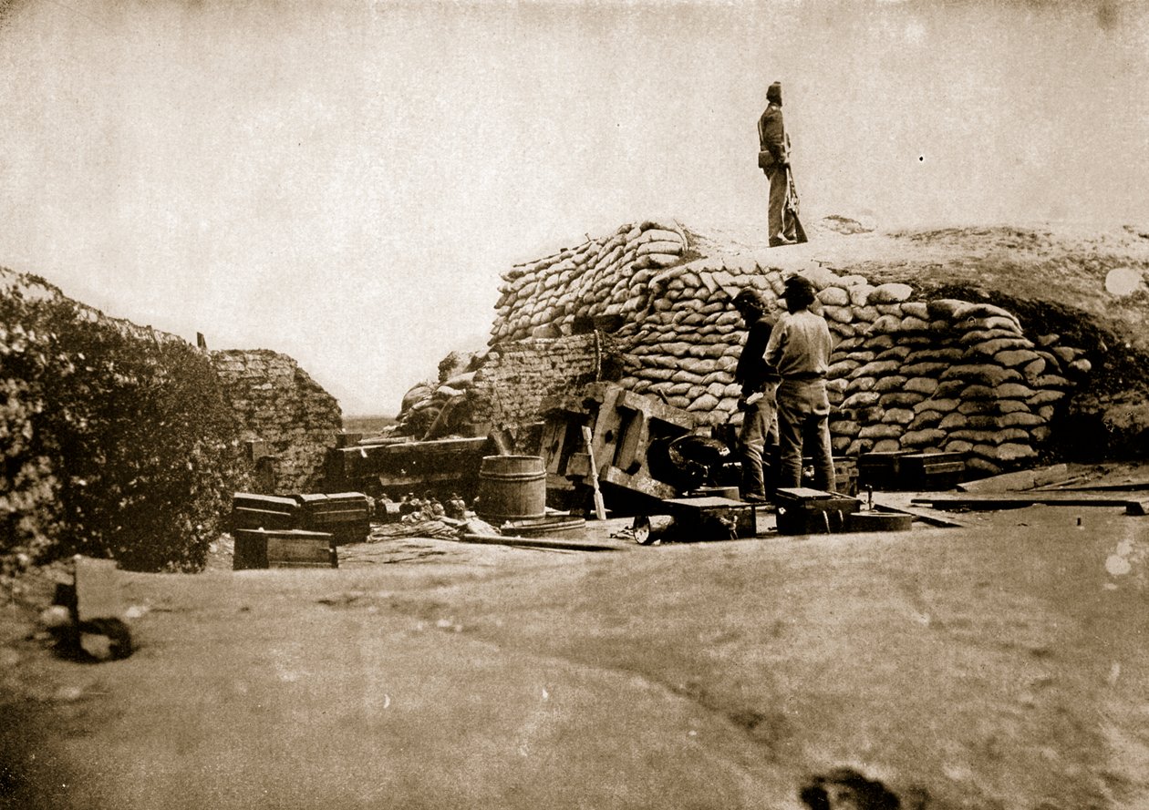 Forsvar med sandsække og bursted gun, 1861-65 af Mathew B. Brady