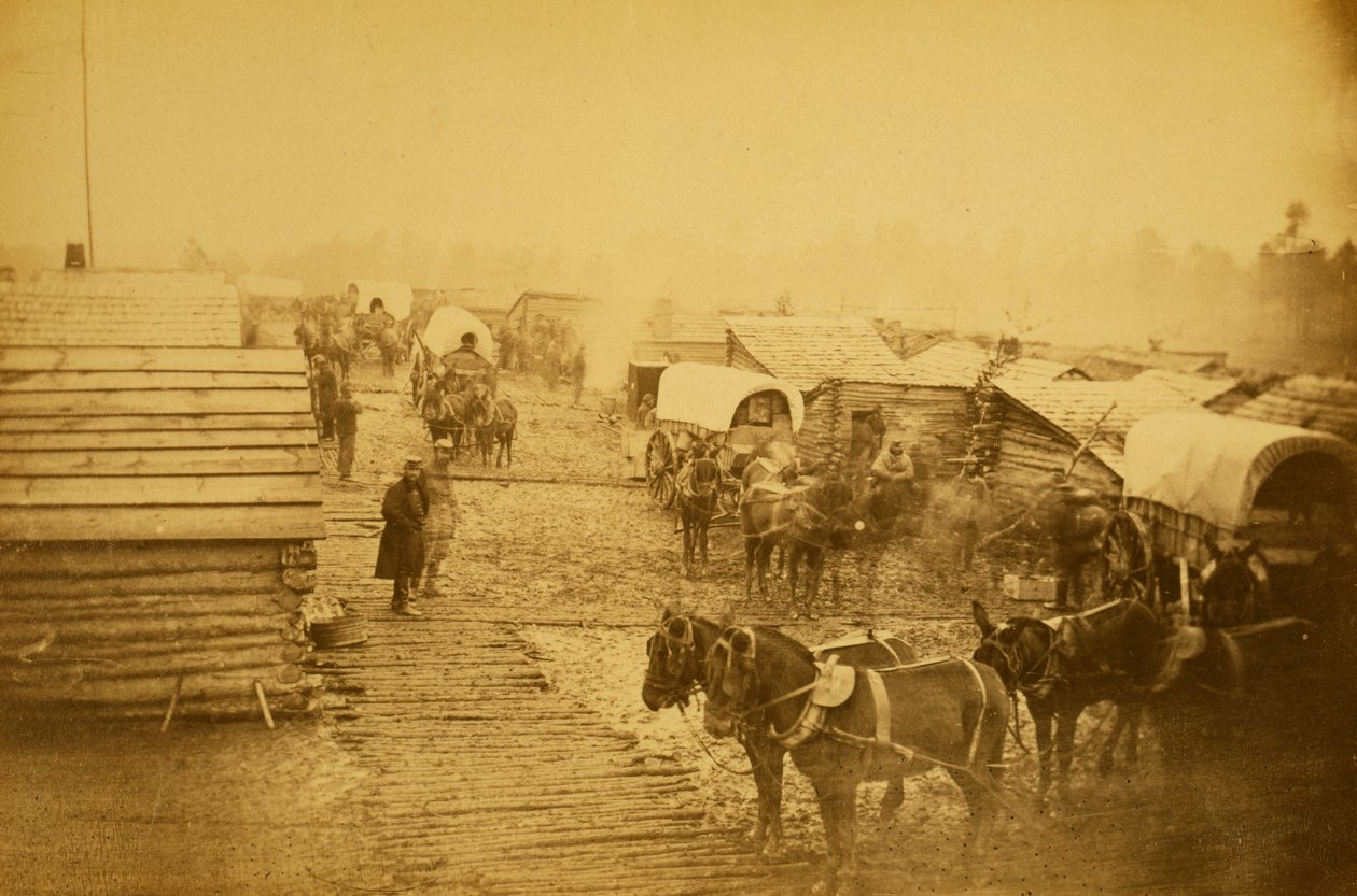 Unionsstyrkernes lejr i Centreville, Virginia, vinteren 1861 og 1862 (sepiafoto) af Mathew B. Brady