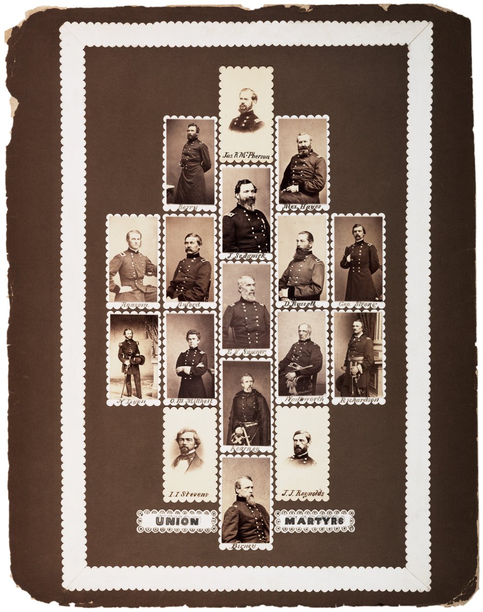 Union Martyrs, fotografier af Unionsgeneraler dræbt under krigen (maquette), ca. 1864 (sepia foto) af Mathew B. Brady