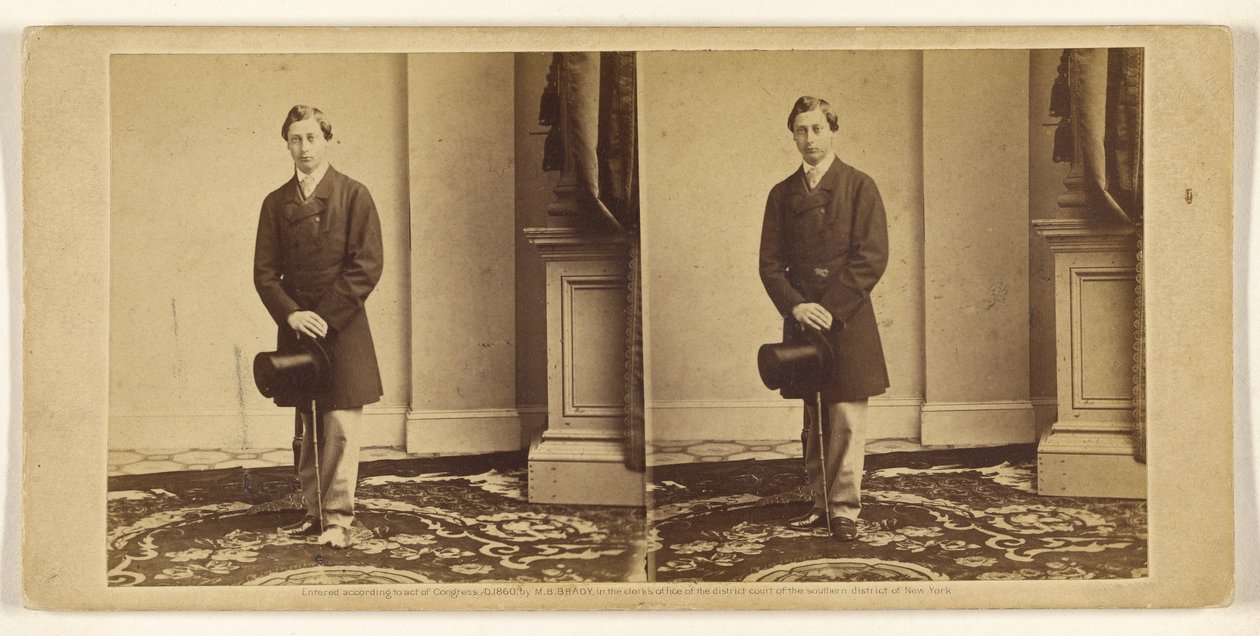 [Uidentificeret ung mand stående med høj hat og spadserestok] af Mathew B. Brady