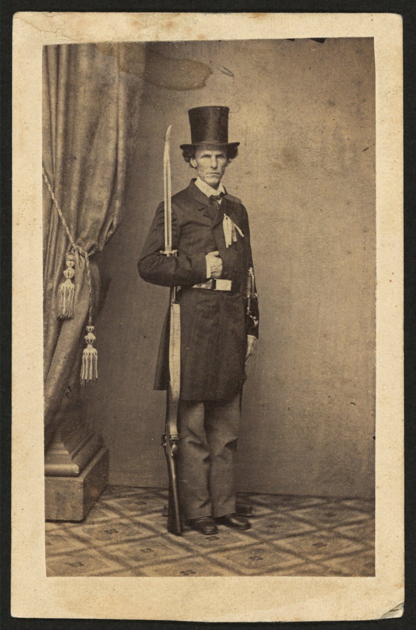 James Henry Lane (1814-1866), politiker og leder af Free State Party of Kansas, portræt i fuld længde, med pistol (sepiafoto) af Mathew B. Brady