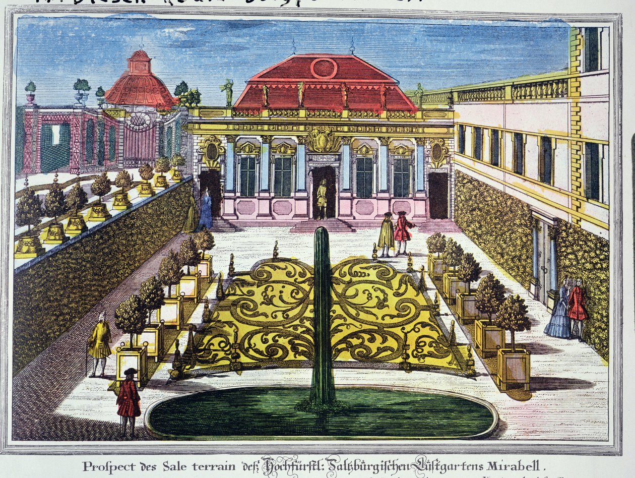 The Gardens of the Mirabelle Park, Salzburg, Østrig, graveret af Karl Remshardt (1678-1735) c.1720 (farvegravering) af Mathias Diesel
