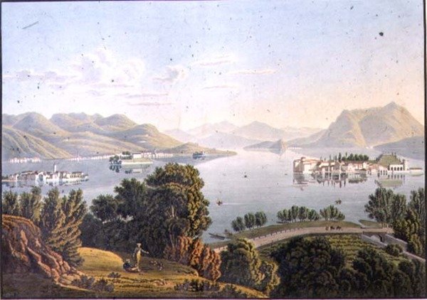 Udsigt over Lago Maggiore og de Borromæiske øer (gravering) af Mathias Gabriel (after) Lory