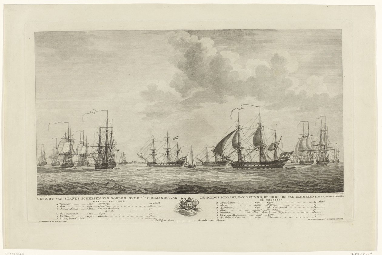 Hollandsk krigsflåde ud for Rammekens, 1782-1783 Udsigt over de nationale krigsskibe under kommando af kontreadmiralen van Kruyne på Rammekens rede i den Jaare 1782 og 1783 (titel på objekt) af Mathias de Sallieth