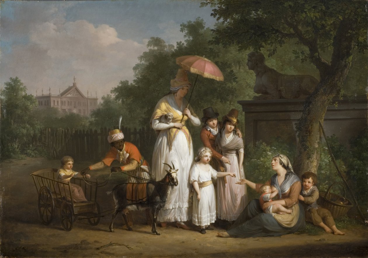 En adelig familie uddeler almisser i en park - A Noble Family Distributing Alms in a Park, af Bree, Mathieu Ignace van (1773-1839). olie på træ af Mathieu Ignace van Bree