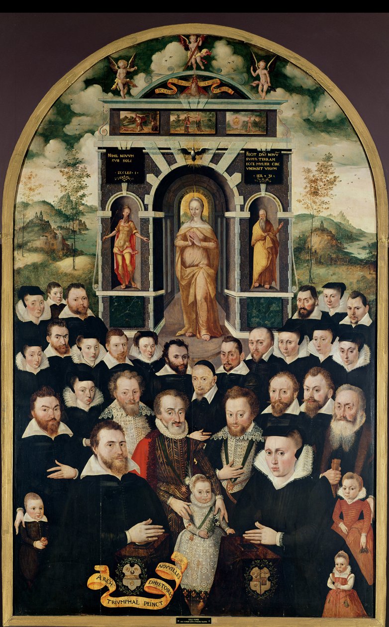 Allegorisk panel, der forestiller Jomfruen, Henri IV (1553-1610) og hofmænd, donorer, hans kone og medlemmer af deres familie af Mathieu Prieur