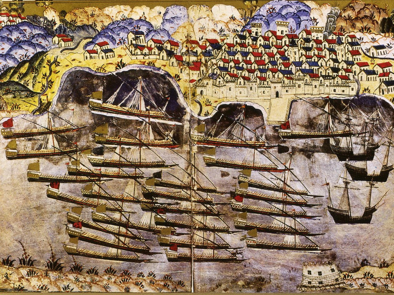 Barbarossas flåde overvintrer i den franske havn i Toulon, 1543, midten af det 16. århundrede af Matrakci Nasuh