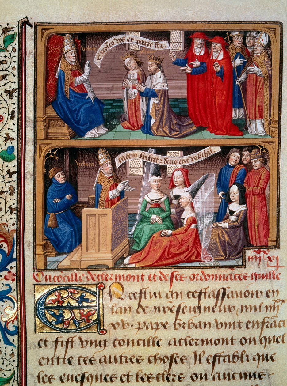 Repræsentation af rådet i Clermont i 1095 præsideret af pave Urbain II (1042-1099), der prædikede det første korstog. Miniature taget fra manuskriptet "Speculum historiale"" (Le Mirror historial) af Vincent de Beauvais (1184/94-1264) oplyst af af Maître François