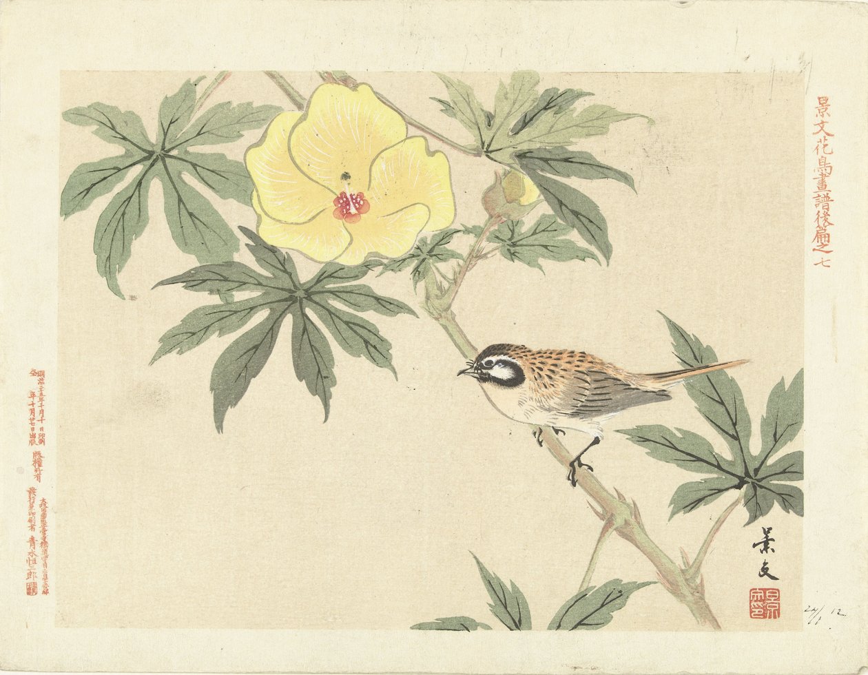 Fugl på gren med gul blomst Blomster- og fugleskitser fra Keibun - del tre (serietitel) Keibun kacho gafu kohen (serietitel på objekt) af Matsumura Keibun