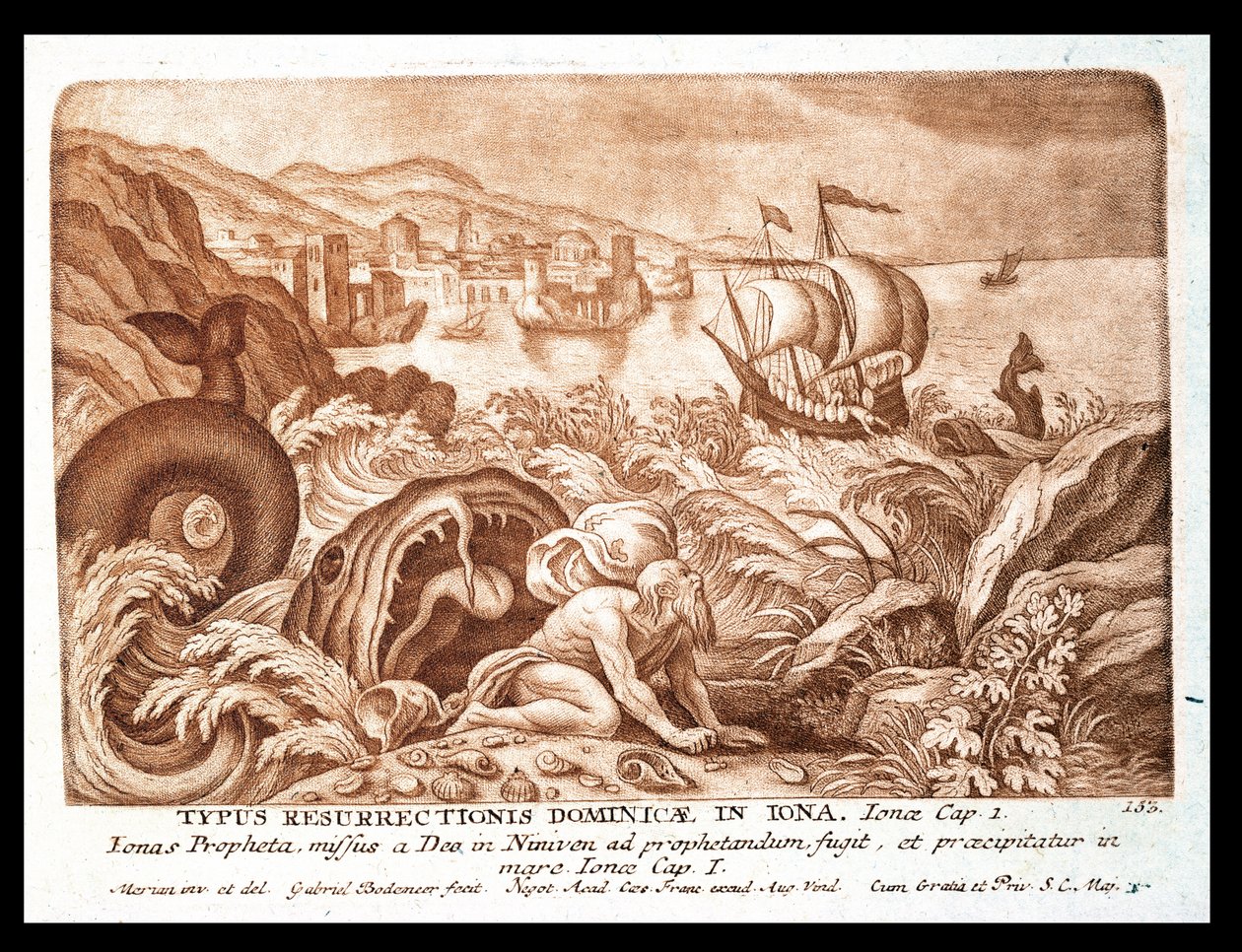 Jonas og hvalen, illustration fra en bibel, graveret af Gabriel Bodeneer (1673-1766) (sepia-stikning) af Mattaus the Younger Merian