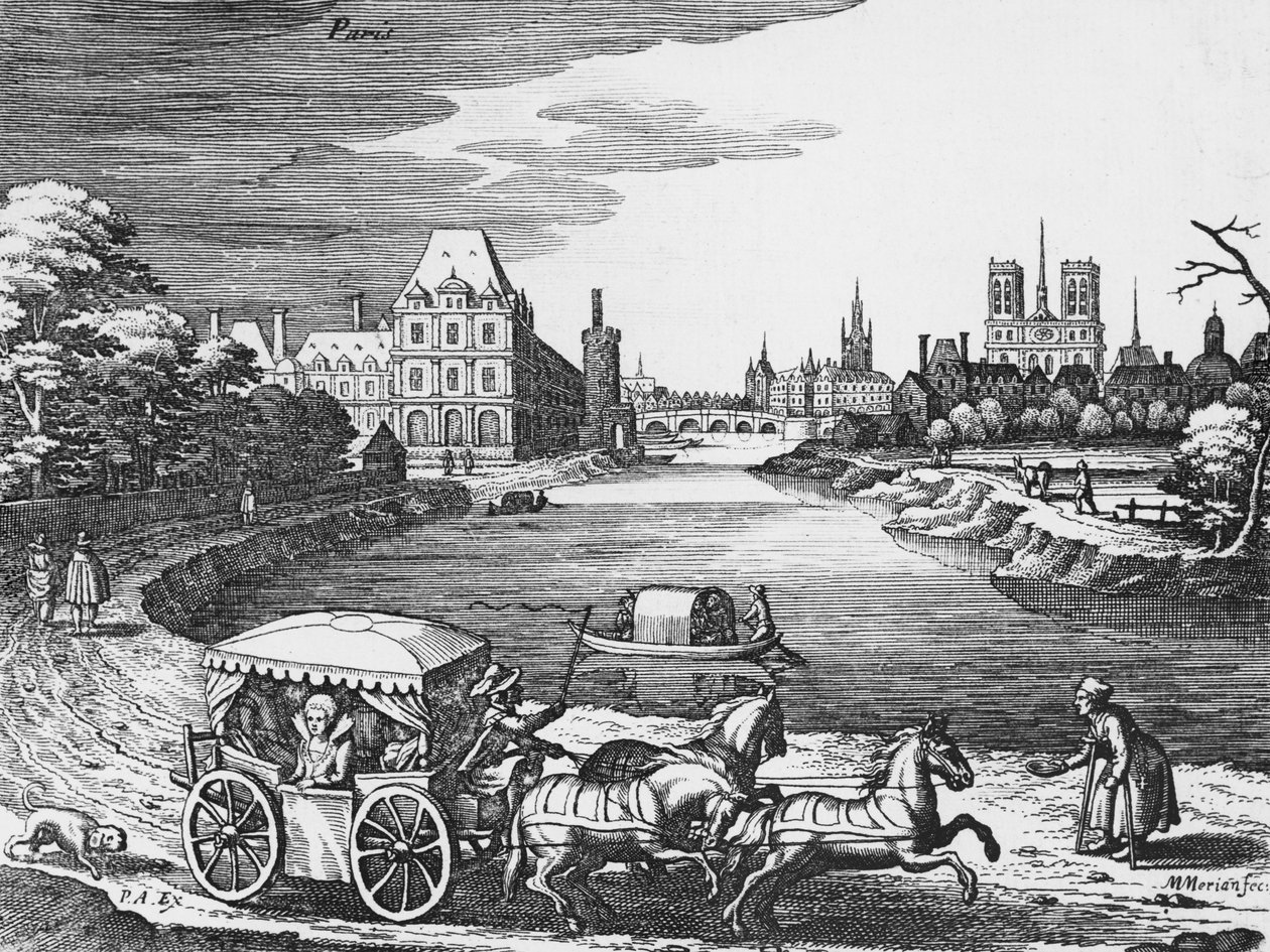 Udsigt over Louvre og Tuilerierne med en diligence i forgrunden af Mattaus the Younger Merian
