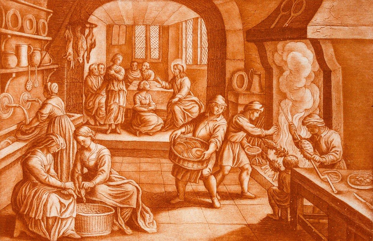 Historien om Maria og Martha, illustration fra Bibelen. af Mattaus II Merian