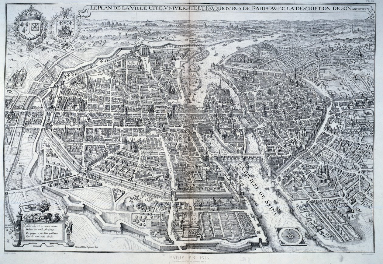 Plan over Paris i 1615. Stik af Mathieu Merian af Mattaus the Younger Merian