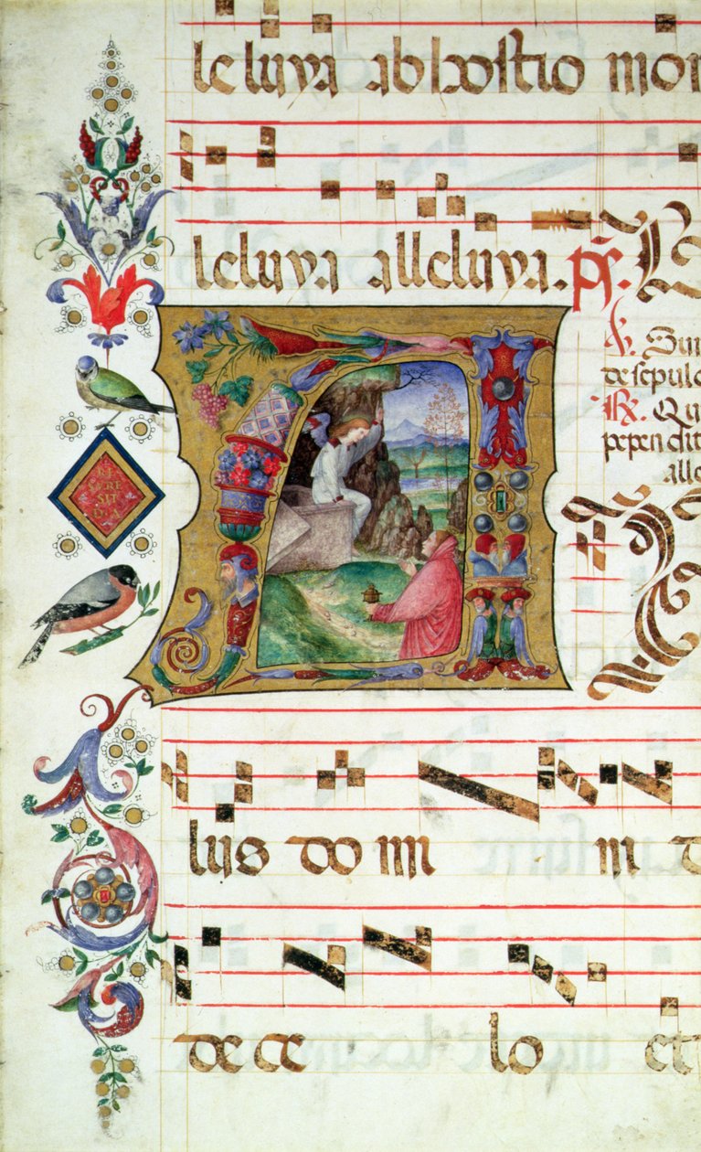 Historik initial A, der forestiller Maria Magdalene ved Kristi grav af Matteo da Milano Matteo da Milano