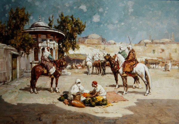 Arabiske krigere på en markedsplads, ca. 1910 (olie på panel) af Matteo Da Angelo Rossotti