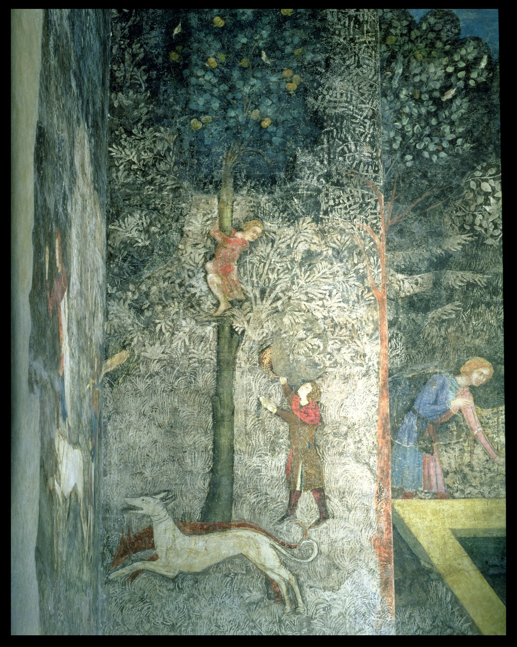 Jagthunde og mænd, der klatrer i et træ, detalje af det dekorative skema fra La Chambre du Cerf Stag Room 1347 fresco af Matteo Giovanetti