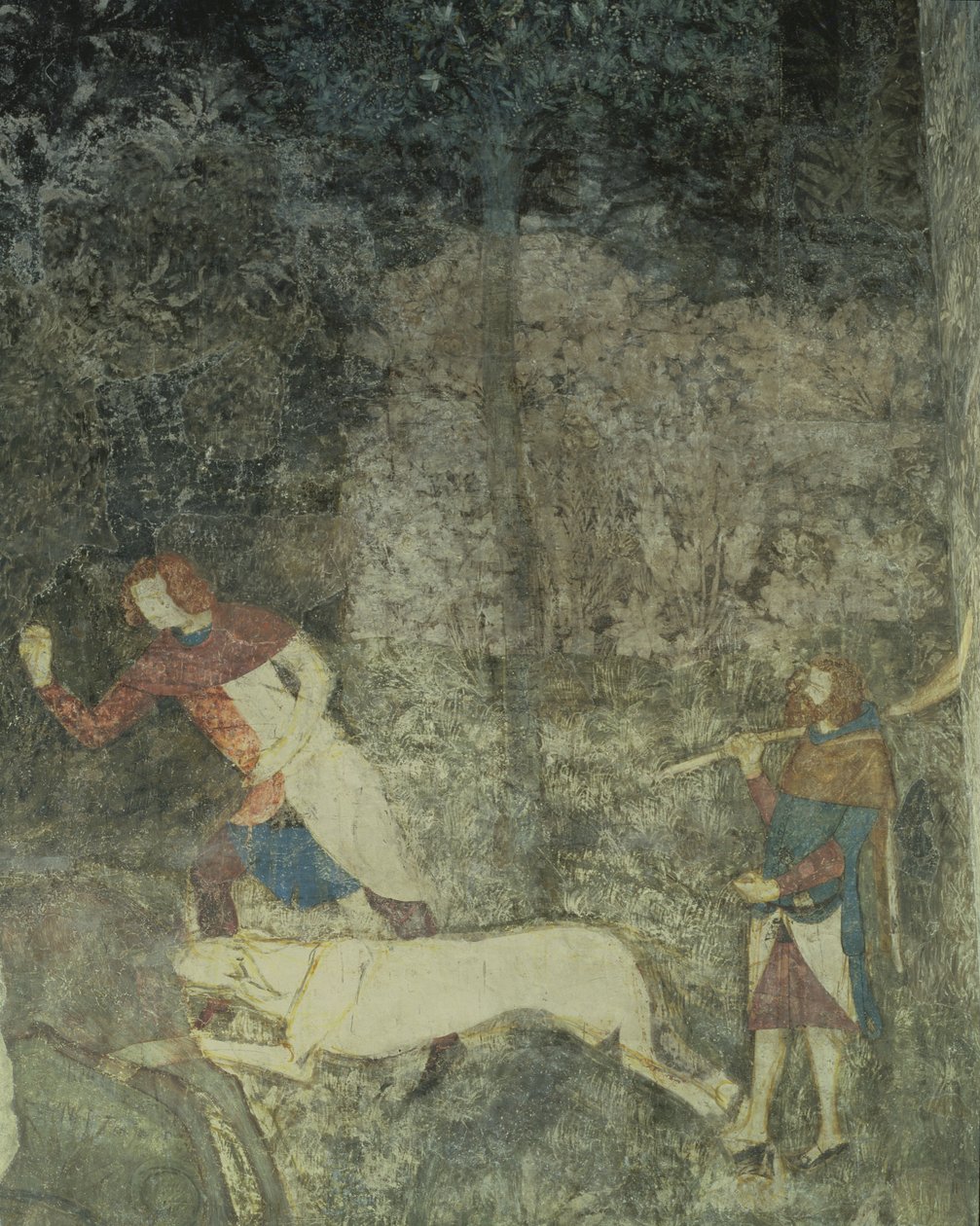 Mænd på jagt med hunde, detaljer af dekorativt skema fra La Chambre du Cerf Stag Room 1347 fresco af Matteo Giovanetti