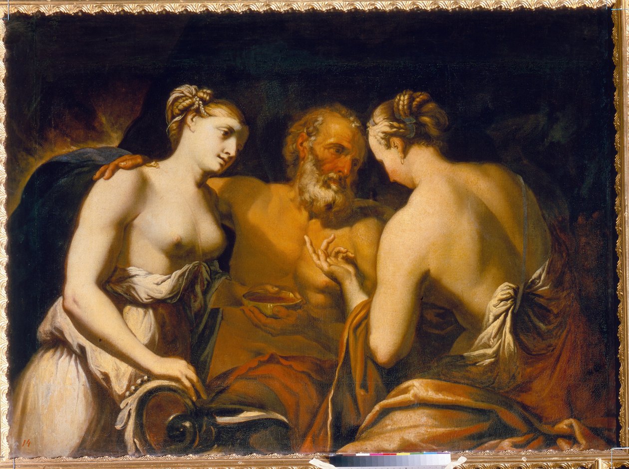 Lot og hans døtre - Maleri af Matteo Pacelli (1651-1732), olie på lærred, slutningen af ​​1600-tallet - Lot og hans døtre, Olie på lærred af Matteo Pacelli - Statens Frilandsmuseum Tsarskoye Selo, Skt. Petersborg af Matteo Pacelli