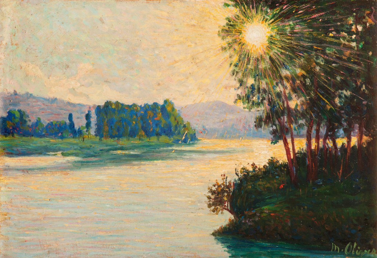 Opgående sol på floden (olie på panel) af Matteo Pietro Olivero