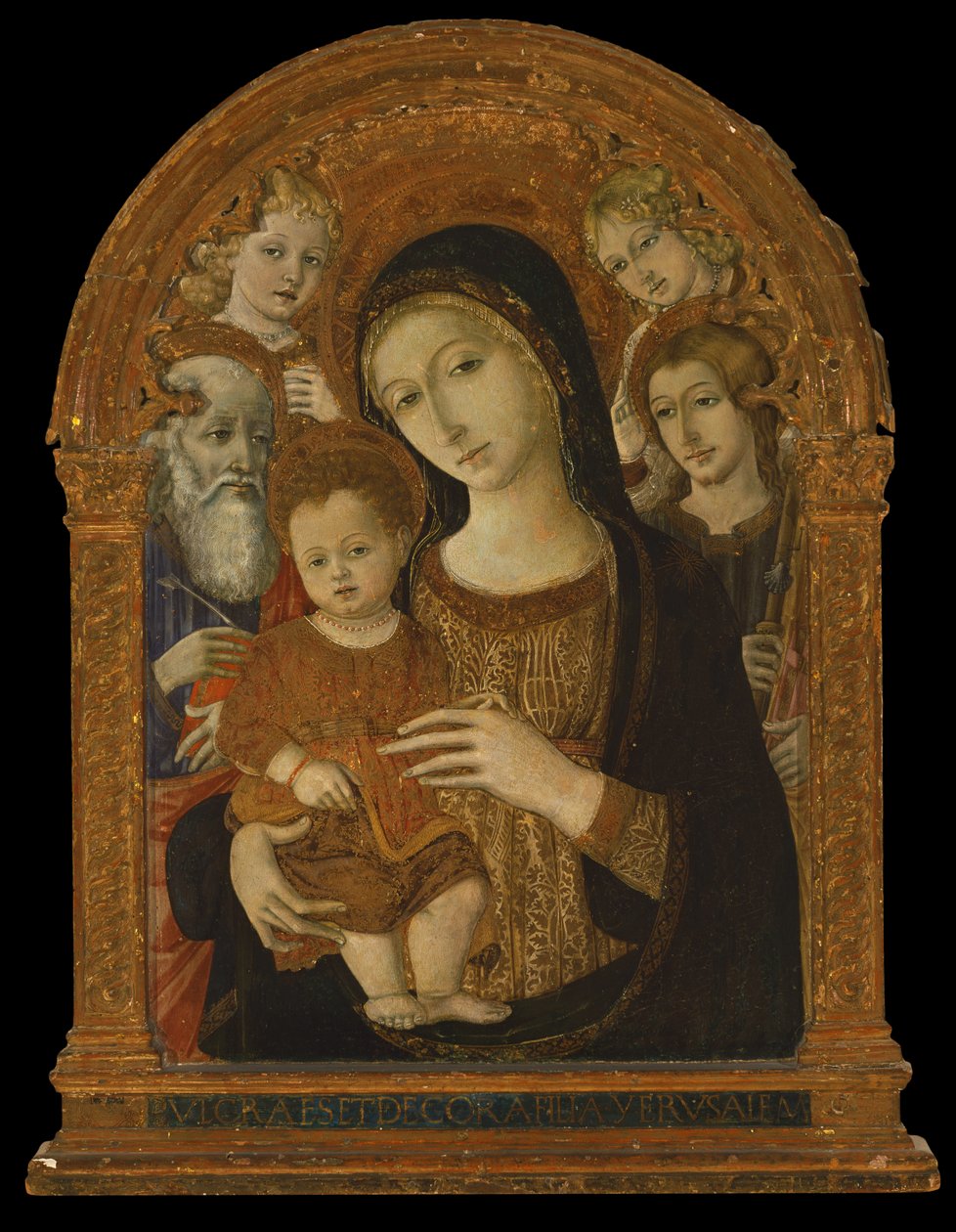 Jomfruen og barnet mellem de hellige Johannes evangelisten, Jakob og to engle, ca. 1480-1490 (tempera og olie på panel) af Matteo di (c.1430 95) Giovanni