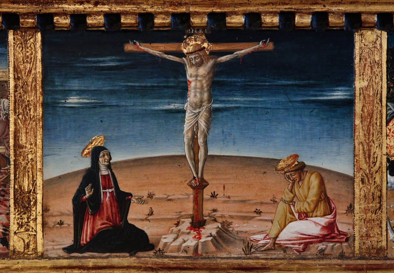 Madonna og barn med helgenerne Jakob, Augustin, Bernhardiner og Margrethe, første årtier af det 14. århundrede (tempera på panel) af Matteo di (c.1430 95) Giovanni