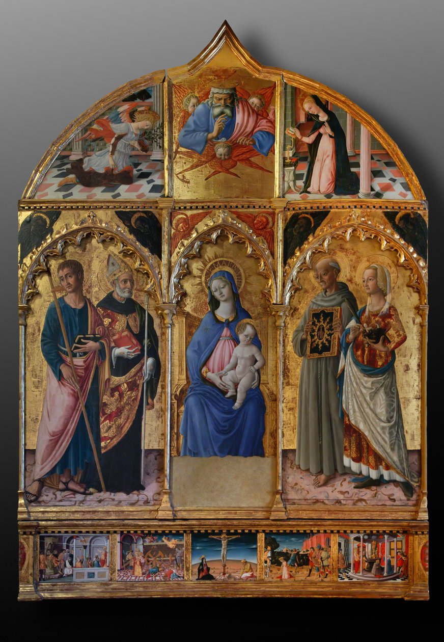 Madonna og barn med helgenerne Jakob, Augustin, Bernhardiner og Margrethe, første årtier af det 14. århundrede (tempera på panel) af Matteo di (c.1430 95) Giovanni