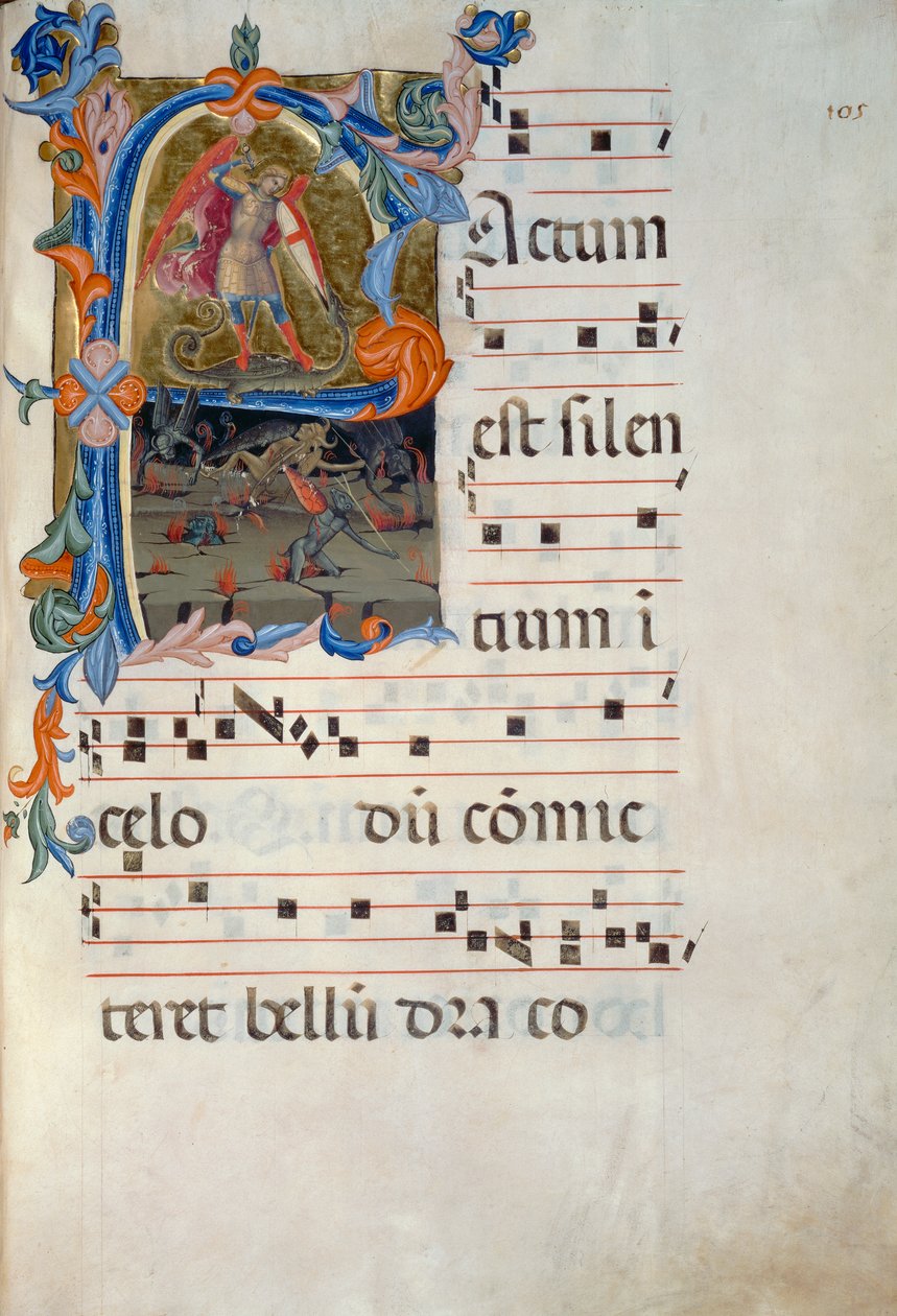 St. Michael Ærkeengel besejrer dæmonerne. Miniature tilskrevet Matteo Torelli, fra en antifonar, der dateres til 1394 (Corale 5, ca. 105v) af Matteo di Filippo Torelli