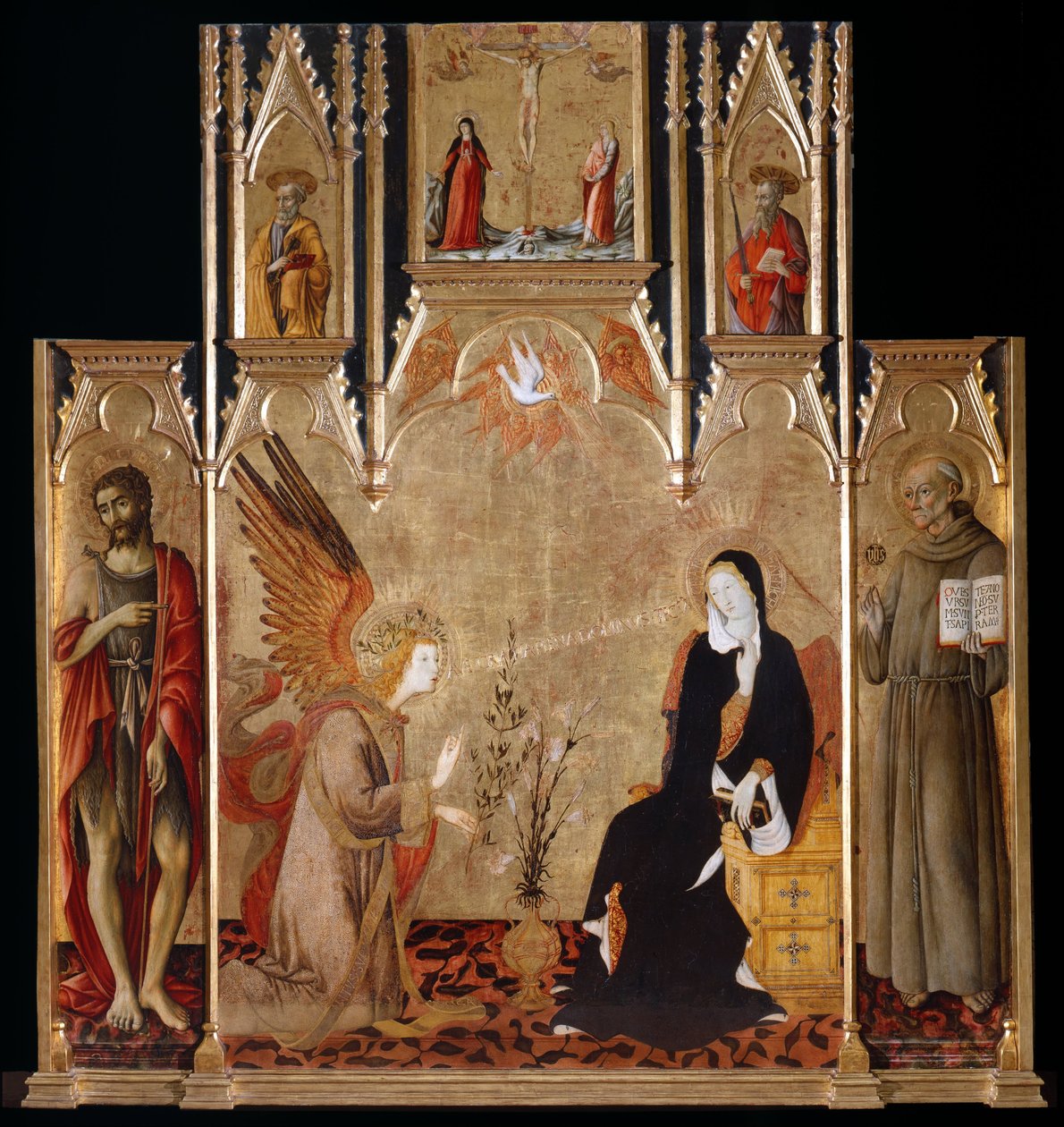 Meddelelse med de hellige Johannes Døberen, Bernardine af Siena; Korsfæstelse, de hellige Peter og Paul af Matteo di Giovanni