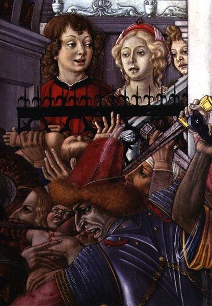 The Massacre of the Innocents, detalje af to tilskuere, der observerer blodbadet fra paladset af Matteo di Giovanni di Bartolo