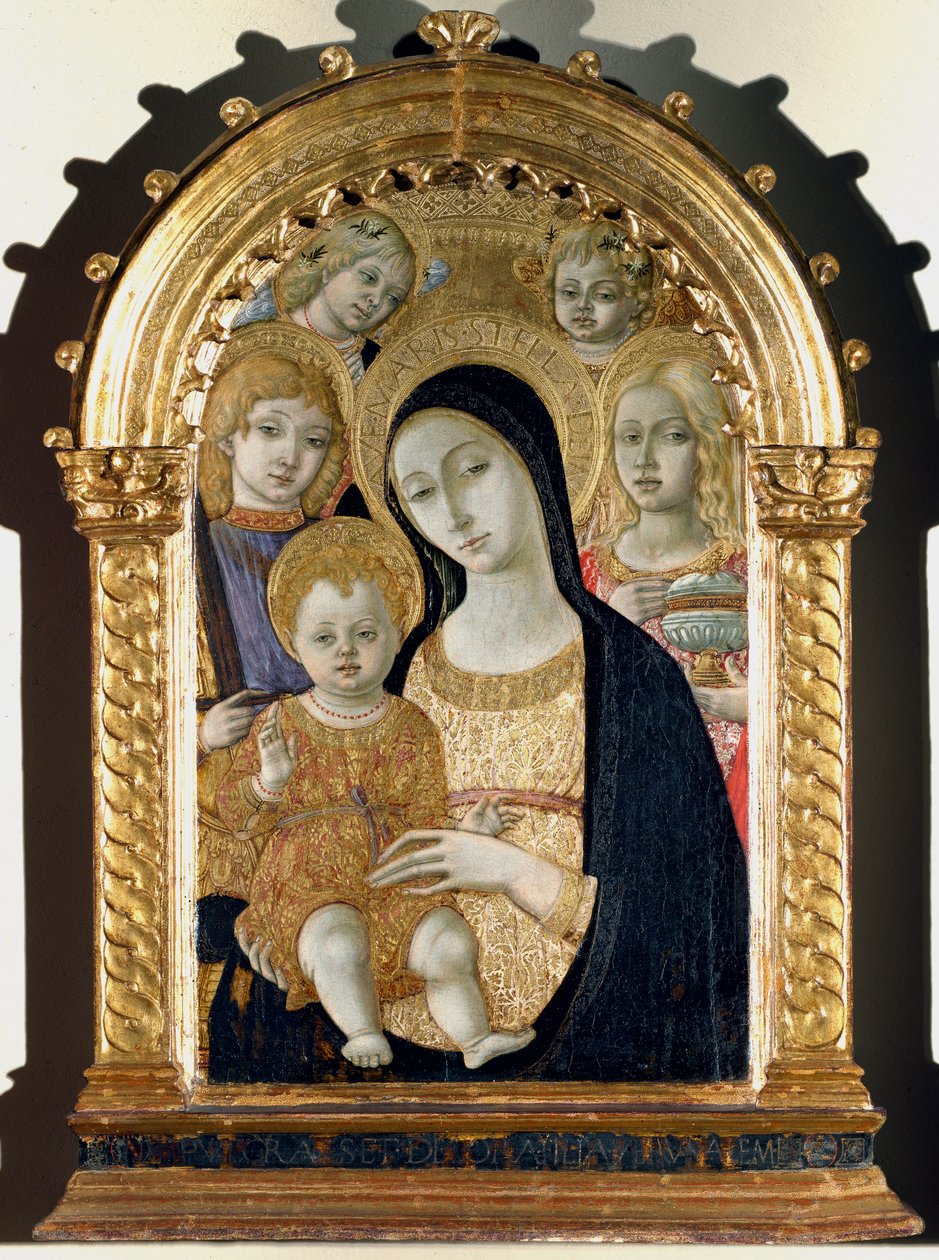 Jomfru med Jesus barn, Sankt Mikael, Sankt Maria Magdalena (Maleri på træ af Matteo di Giovanni di Bartolo