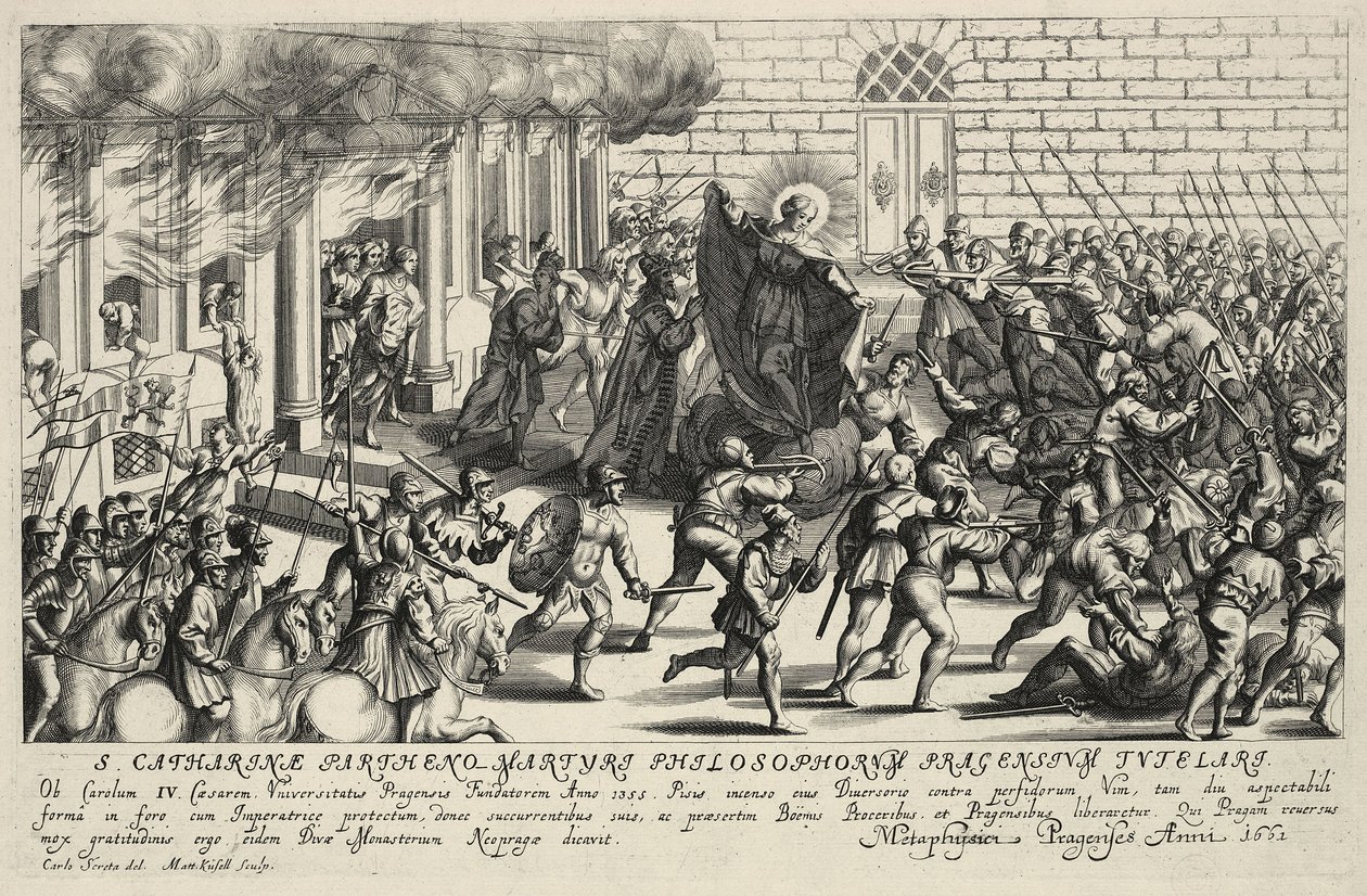 Saint Catherine beskytter Charles IV under det folkelige oprør i Pisan i maj 1355 af Matthäus Küsel