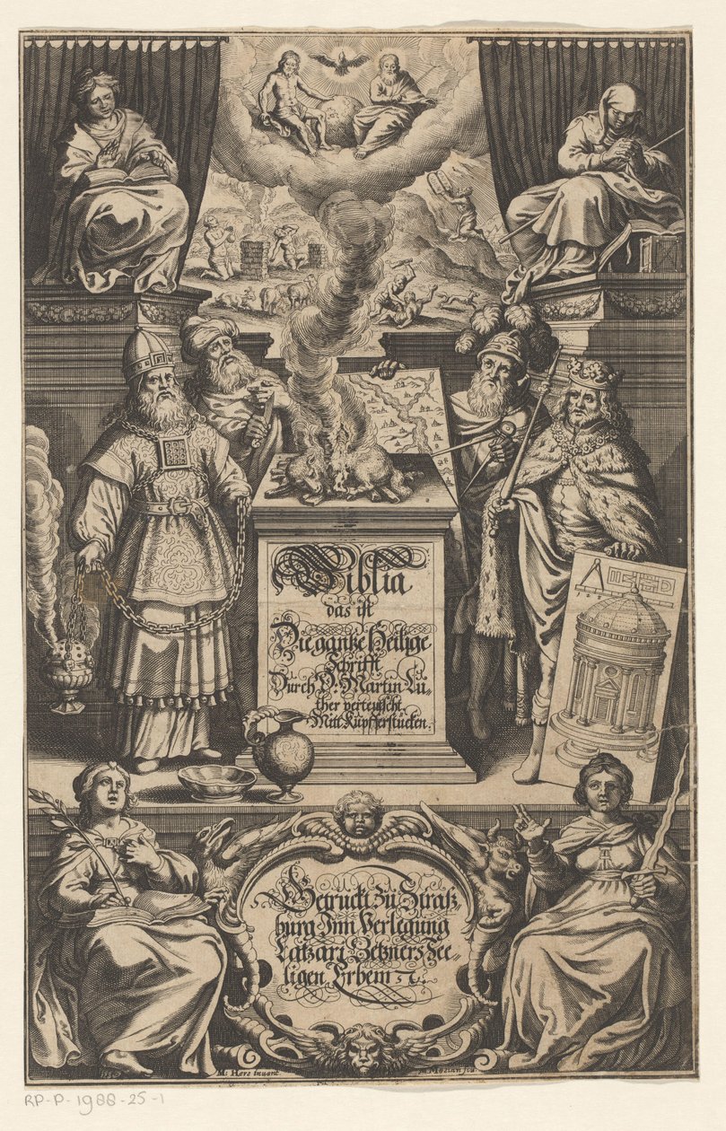 Tilbyd van a lam til fire mand Titelblad for: Martin Luther. Biblia det er hele den hellige skrift oversat af D. Martin Luther, s.a. af Matthäus Merian (I)