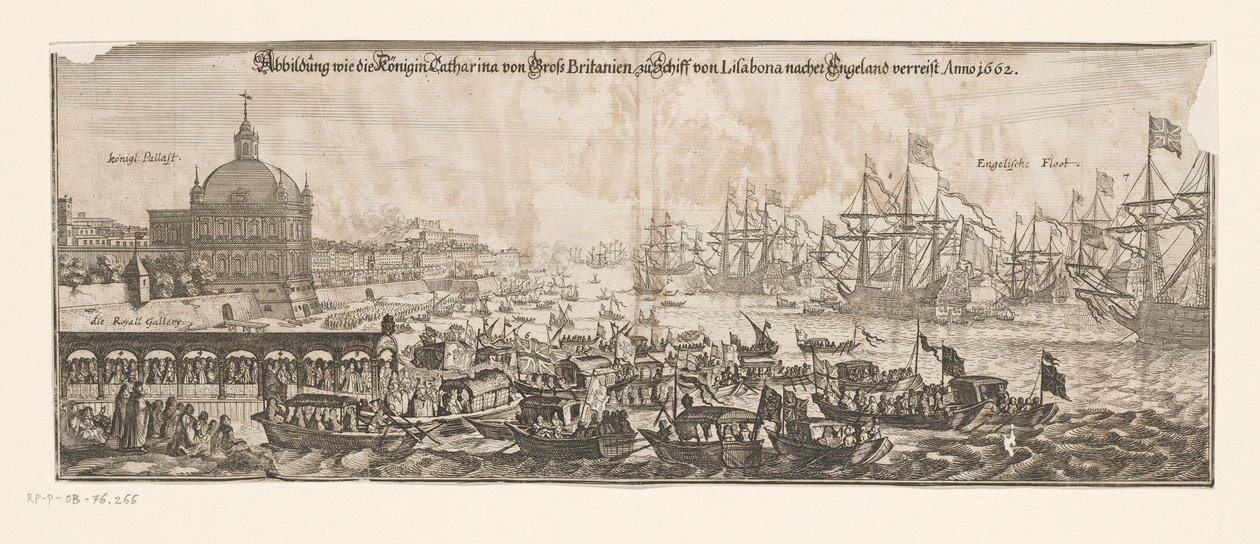 Flådens afgang med Catherine fra Bragança til England, 20. april 1662 Abbildung wie die Königin Catharina von Gross Britanien zu Schiff von Lisabona nacher rejser til England. Anno 1662 (titel på objekt) Ægteskab mellem Katarina af Bragança og En af Matthäus Merian (II)