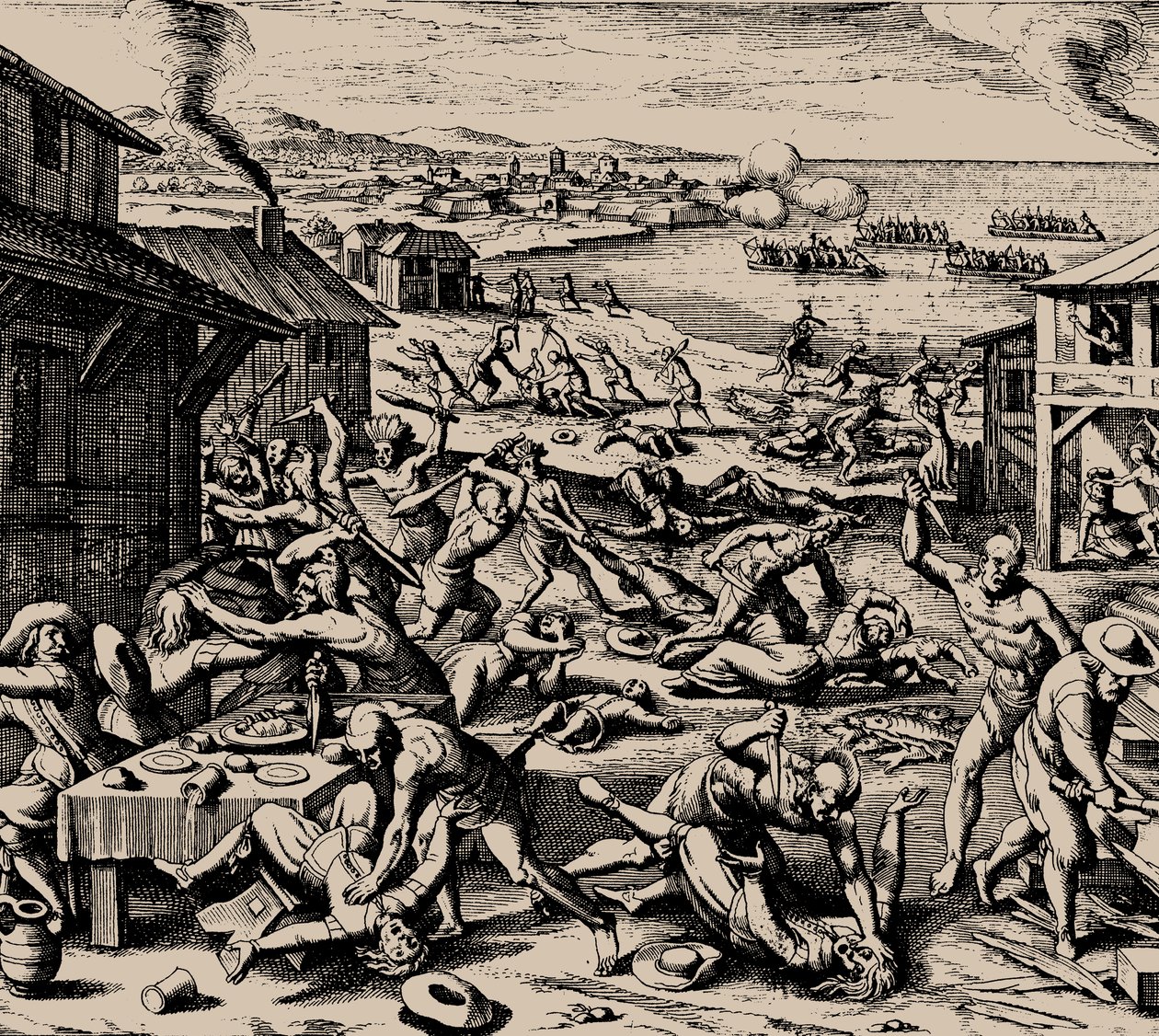 Powhatan angreb den 22. marts 1622, 1628. af Matthaus the Elder Merian