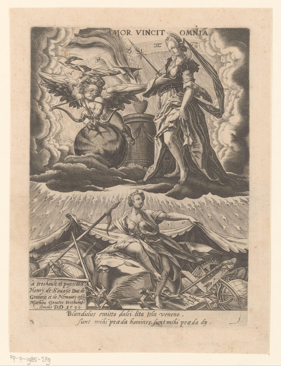 Triomf der kærlighed Amor vincit omnia (titel på objekt) Zes triomfen van Petrarca (serietitel) af Matthaus Greuter