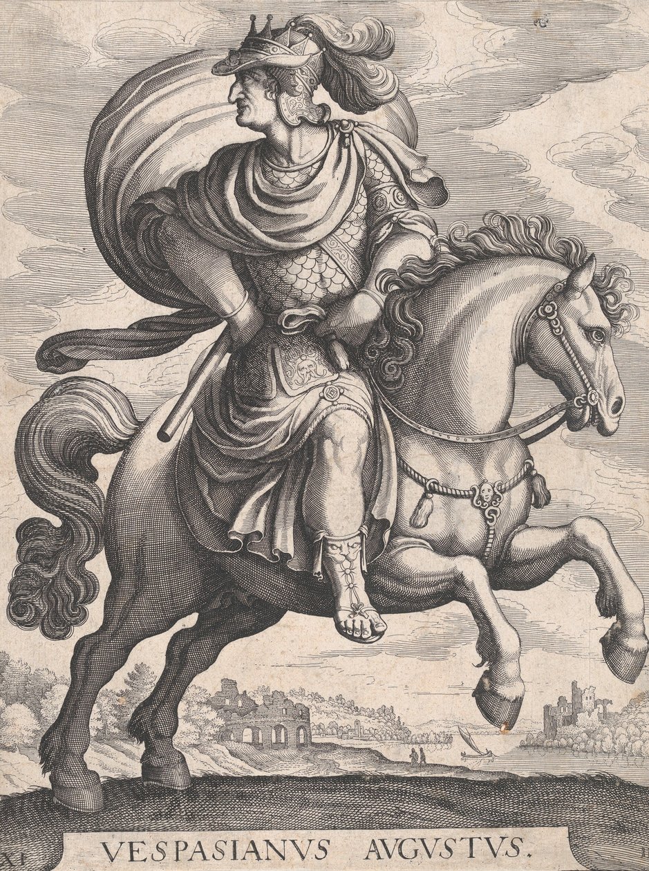Kejser Vespasian til hest, fra serien De første tolv romerske kejsere, plade 1..., 1610-50. af Matthaus Merian